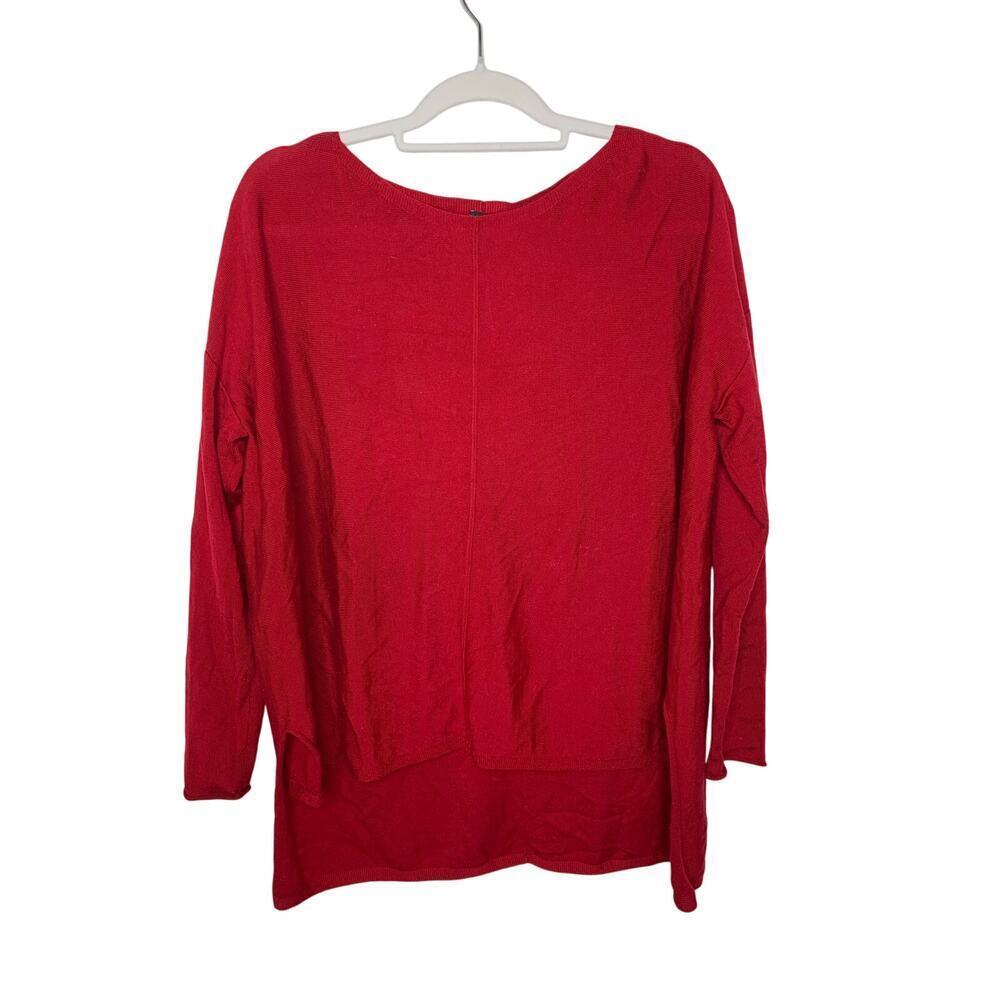 Eileen Fisher Merino Wool Split Hem Long Sleeve Red Sweater Top
